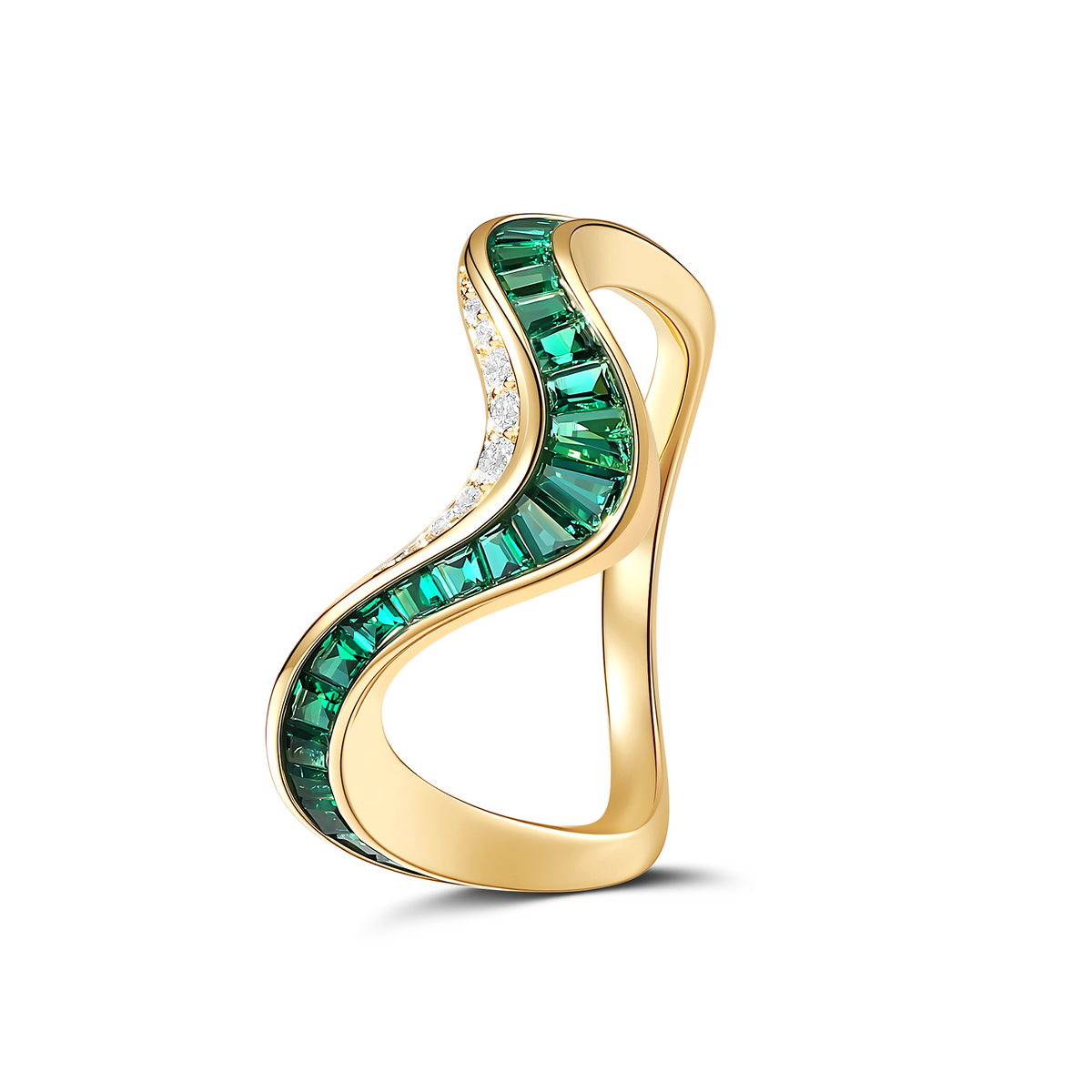 STREAM EMERALD AND DIAMOND WEDDING BAND